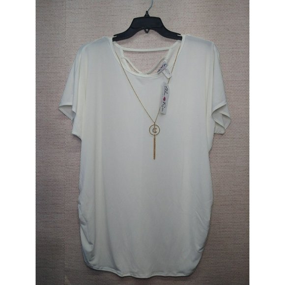 Round neck White Plus Size Blouse with criss cross back 2X-3X with necklace - Picture 5 of 7